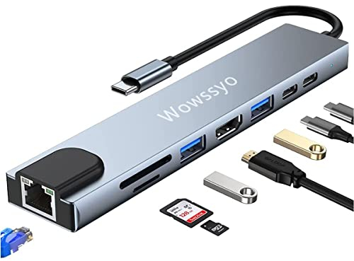 Wowssyo USB C Ethernet Hub - 8 en 1, Adaptador de aluminio USB C Hub con HDTV 4K,PD 100 W, USB 3.0, SD/TF, datos USB-C, para MacBook Air/Pro, iPad Pro, Switch, Chromecast,Windows, y dispositivo Tipo-C