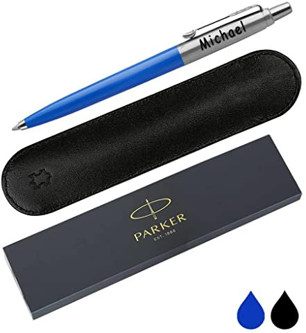 PARKER co Personalised Engraved Jotter Ballpoint Pen with Genuine Leather Pouch in 15 Colours - Choice of Blue or Black Ink, Gift, Jotter, Gifts For Teachers