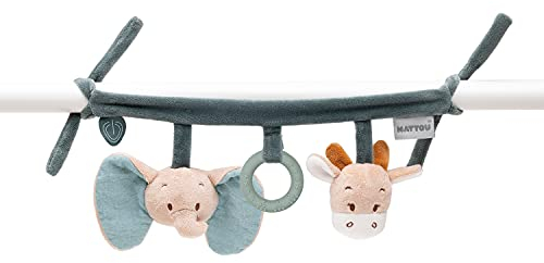 Nattou Spielzeug zum Aufhängen aus Baumwolle (Musselin) und Polyester, Mit Rasseln und Silikonring, Ca. 32 cm, Luna und Axel, Grün / Beige