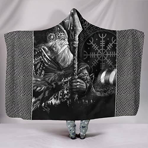 Mit Kapuze Decken Das Auge des Odin Wikinger Piraten Krähe Nordisch Mythologie Totem Kapuzendecke Flauschige Sherpa TV Decke Sofadecken Warmer Winter Kapuzen Kuscheldecke Flanell Fleecedecke(150x200)