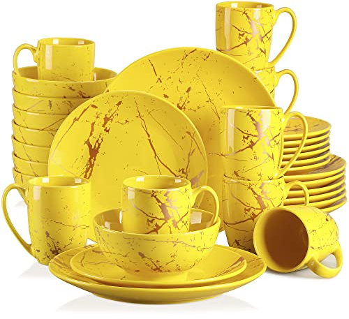 LOVECASA SWEET Service de table en porcelaine, série Daphne, 32 pièces, set de vaisselle avec motif éclaboussures d'or, assiettes plates, assiettes à dessert, bols à céréales et tasses à café pour 8