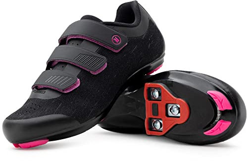 Tommaso Pista 100 Knit Stilvolle Damen Fahrradschuh, Indoor Cycling Peloton Ready Atmungsaktiv Leicht Fahrradschuh Bundle mit Kompatible Cleat, Look Delta, SPD Schwarz, Schwarz/Pink – Delta., 39 EU