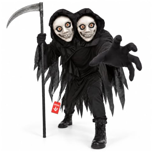 Morph Sensenmann Kostüm Herren, Gruseliges Halloween Kostüm Herren | Komplettes Kostüm, Zweiköpfiges Design in Schwarz, Zum Überziehen, Perfekt für Halloween, Ideal zum Verkleiden