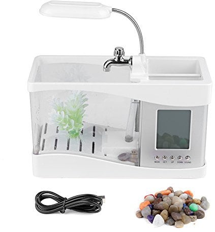 Aquarium, multifunktionales USB-wiederaufladbares Mini-Aquarium mit LED-Licht mit Uhrfunktion(Weiß)
