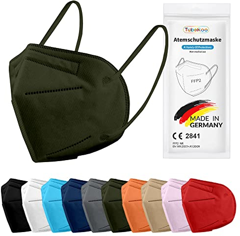 TubeRoo FFP2 Maske grün olivgrün dunkelgrün 5 Stück, Masken aus Deutschland, Made in Germany, weiche Ohrschlaufen, Atemschutzmaske, Mundschutz, Schutzmaske, Staubmaske, Feinstaubmaske