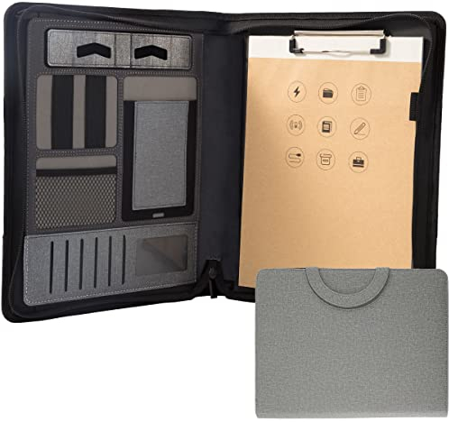 Padfolio-Ordner mit Reißverschluss, A4, multifunktionale Portfolio-Leder-Kombination, mit Notebook, Taschenrechner, Notizblock-Tasche für Damen/Herren (ohne Taschenrechner, hellgrau)
