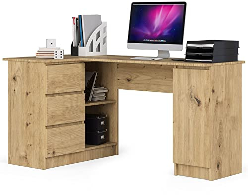 AKORD Bureau Ordinateur D`Angle B-20 | L155 x H77 x P85 60 kg | 3 Tiroirs 2 Étagères Étagère avec Porte | Grand Bureau de Chambre PC Desk Table | Chêne Artisanal