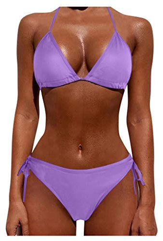 Set bikini da donna in due pezzi, scollo a V, costume da bagno a fascia, abito estivo in due pezzi, bikini da spiaggia, costume da spiaggia con slip bikini senza schiena, Lilla, S