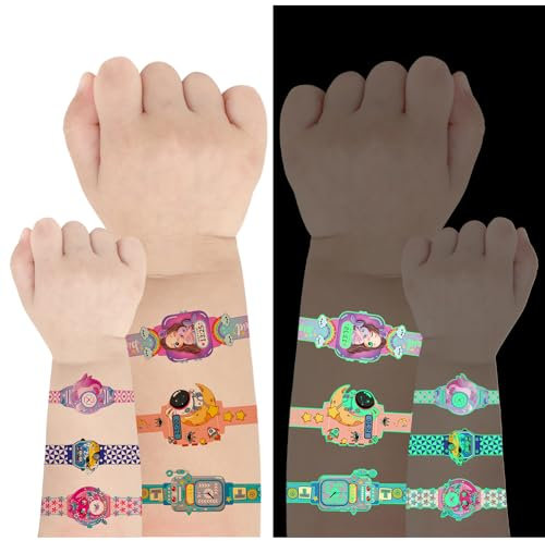 Tatuaggi per Bambini 12 Fogli Tatuaggi Orologio Luminosi per Bambini, Tatuaggi Bambini Gadget Compleanno, Impermeabili Party Tatuaggi Temporanei Adesivi Bambini, Regalini Festa Compleanno Bambini