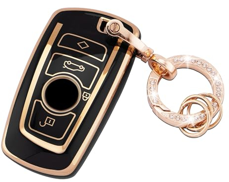 Koaudb Coque intégrale pour clé de Voiture BMW Coque Souple en TPU Noir doré avec Porte-clés pour BMW 1 3 4 5 6 7 Series X3 X4 M5 M6 GT3 GT5 3 4 Boutons Smart Key Case (R-BM-4A-B)