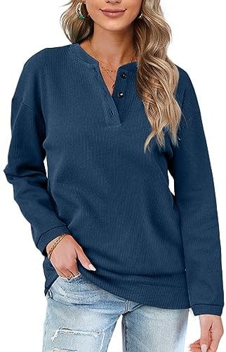 Aokosor Womens Long Sleeve Tops Ladies Loose Sweatshirts with Buttons Plain Jumpers Navy Size 14-16