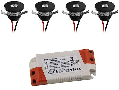 VBLED® 4er-Set 1W LED Mini Einbauspot Einbaustrahler ALDYNE Schwarz 350mA 3VDC 80lm 3000K mit dimmbaren Netzteil