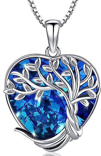Collier arbre de vie Coeur d'Océan, Collier en Argent Sterling 925 Cœur Bleu Cristal Bijoux Femme, Cadeaux pour Mamans filles Sœurs