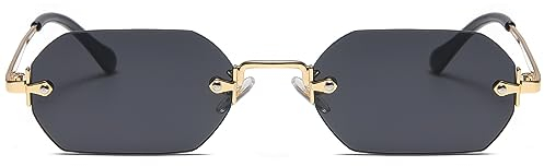 Ggpyyon Retro Rechteck Rahmenlose Sonnenbrille für Damen Herren Trendy Metall Gold Polygon Randlose Sonnenbrille(Gold/Grau)