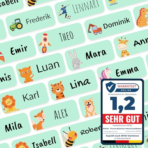 Namensaufkleber für Kinder (54 Stk. 30x13 mm) - Wasserfeste Namensschilder für Kleidung, Textilien und Gegenstände - Optimal für Kita, Kindergarten und Schule - Schöne Motive personalisierbar