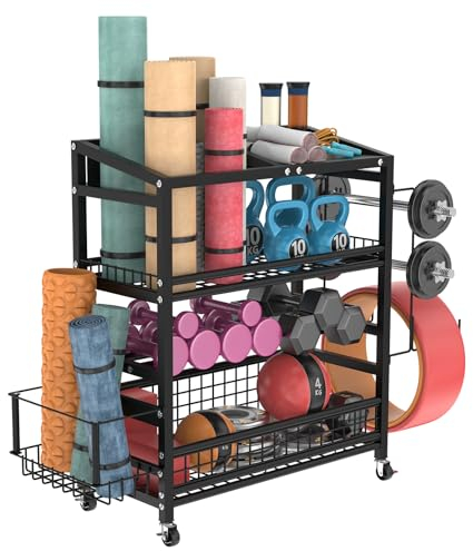 Womamny Yoga Matte Regal, Verstellbarer Hantelständer, Zuhause Fitnessgeräte Organizer für Yogamatten,Hanteln, Kettlebell,Yoga Block, Schaumstoffrolle,Hantelablage mit Haken & AbschließBaren Rädern