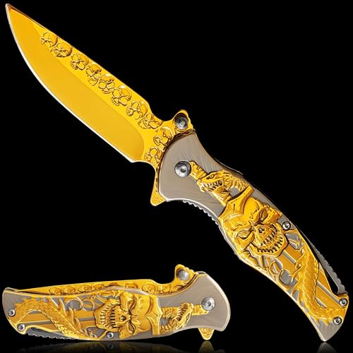MADSMAUG Taschenmesser, cool Klappmesser mit 3D Titanplattiert Prägen Reliefgravur, gute Weihnachten Geschenk Edc Messer für Männer Outdoor Überleben Camping (goldfarben)