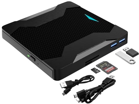 RUIZHI External DVD Drive,Externe DVD CD Laufwerk USB 3.0 Type-C DVD/CD+/-RW Brenner Drive mit Atmendes Licht mit Farbwechsel,USB Port & SD TF Slot für XP,WIN7,WIN8,WIN10,WIN11,Linux,OSX