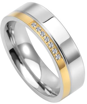 ANAZOZ Damen Ringe Edelstahl, Trauringe mit Gravur Personalisiert Größe 60 (19.1) Silber-Gold-Ring Breit 6 mm mit Zirkonia