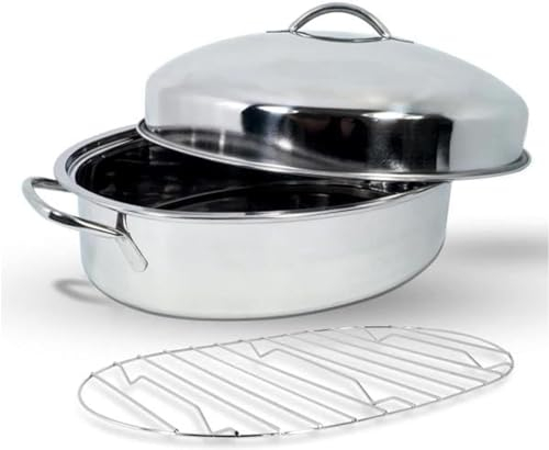 EndyAk Stainless Steel Oval Roasting Pan with High Dome Lid and Rack - Ideal for Chicken and Turkey Roasting, Extra Large Size