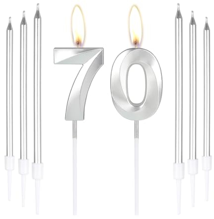 mciskin Silver 70 Birthday Candles-3D Number 70 Candle for Cake with 6pcs Long/Thin Candles Set,Silver Cake Topper for Women Men 70th Birthday Decorations Supplies,70th Wedding Anniversary Décor