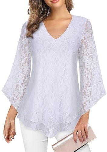 Gemulate Overlay Tops for Women Ladies Tops Chiffon Tops for Women UK Womens Lace Long Sleeve Tops Plain V Neck T Shirts Loose Casual Blouse Dressy Tunic Shirt - White, XL