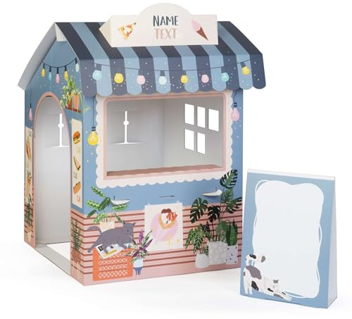 FOLDZILLA Spielhaus Laden Kiosk 105 x 75 x 75 cm Kaufmannsladen für Kinder Supermarkt aus Pappe Marktstand - Wunschtext