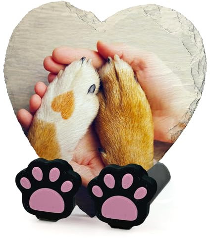 EMIT PRINT Plaque Commémorative Personnalisée en Forme De Coeur avec Photo, Texte Et Nom sur Un Présentoir pour Chien Et Chat, avec Pierre Tombale en Ardoise | Impression Complète | Taille 10x10 cm