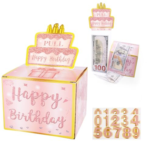 Happy Birthday DIY Spardose für Bargeld Rosa, Gold Rolle Überraschungsbox mit Herausziehbarem, Lustiges Zieh Geld Aus Geld, Überraschung Geldgeschenke Box für Freunde Ehepaare Angehörige