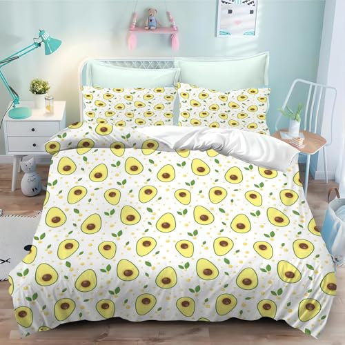CHEFFS Avocado Bettwäsche 135x200 Kinderbettwäsche Cartoon Avocado Grün Früchte Bettbezug Set Microfaser Süße Karikatur Bettwäsche-Set mit Reißverschluss (140 x 210 cm,3)