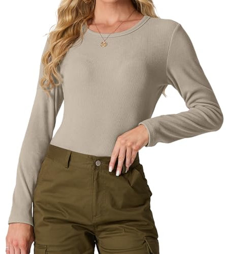 IWOLLENCE Basic Tops Women Ribbed Knit Round Neck Long Sleeve T Shirts Women Basic T-Shirt Y2k Slim fit Tee Tops (Oatmeal, M)