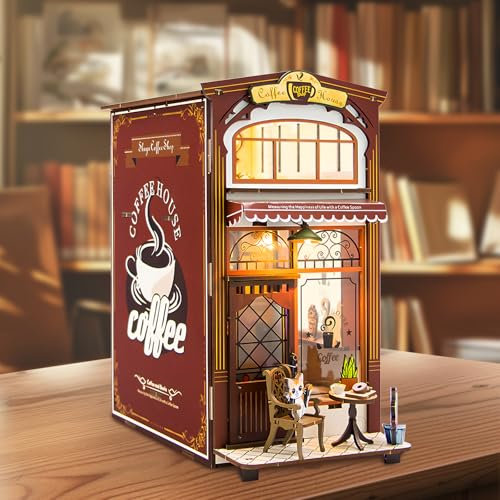 BBLIKE Kits de coin de livre pour adultes – Kit de maison de poupées miniatures avec lumières LED, puzzle 3D en bois pour café, serre-livres, décoration d'intérieur, cadeau d'anniversaire ctéatif pour