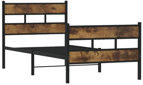 vidaXL Single Metal Bed Frame - 90x190 cm Smoked Oak/Black - Iron Bed Frame w/Headboard & Footboard - Under Bed Storage - Industrial Style