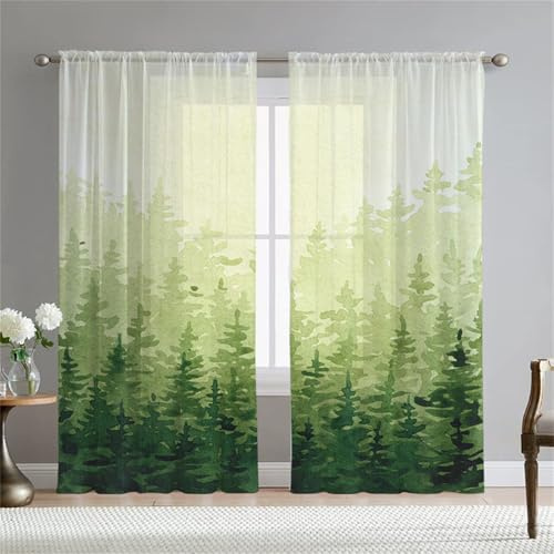 Odot Halbtransparente Vorhänge, 3D Wald Muster Voile Vorhang Stangentasche Gardinen Vorhang Ösenvorhang 2 Stück Fensterschal Moderne Vorhänge Fenster für Wohnzimmer (132x245cm,Grün Wald)
