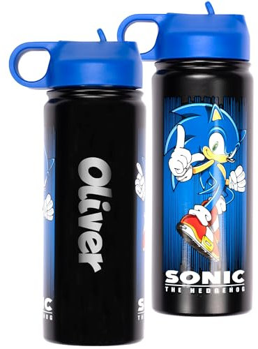 Sonic The Hedgehog Botella de acero inoxidable personalizada con pajita para niños, botella de entrenamiento y nombre grabado, regalo para niños y fanáticos del fútbol