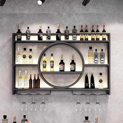 Porte-Bouteilles Mural avec Porte-Verre, Casier à Vin en MéTal, Bars Modernes Porte-Vin éTagèRes Flottantes en Verre, Etagere Murale Range Bouteille Vin pour Cuisines, Bar (Noir,140x15x80cm)