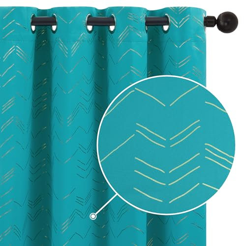 Deconovo Verdunkelungsvorhänge mit Ösen Blickdichte Gardinen Wohnzimmer Dicke Thermovorhänge Kälteschutz Thermogardine mit Linienmuster, 180x140 cm(HöhexBreite), Türkis, 2er Set