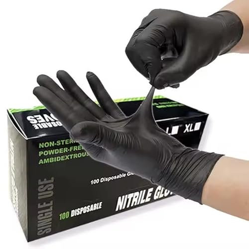 Ruiyang Box of 100 x Black X-Large Disposable Nitrile Gloves For Examination, Medical, Industrial, Hair, Beauty, Food, Janitorial and others - Powder Free, Latex Free (Black, XL)