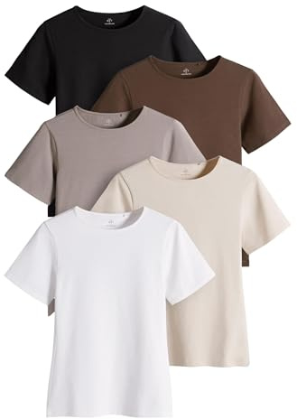 THE SET Damen kurzärmelige, körpernahe T-Shirts mit Rundhalsausschnitt Schwarz/Braun/Neutral/Nackt/Weiß XL