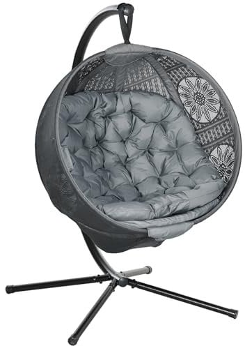 Outsunny Outdoor Hanging Chair, Swing Chair with Metal Stand, Thick Padded Cushion, Foldable Basket and Side Pocket, for Indoor and Outdoor, Charcoal Grey