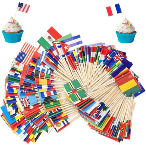 100 Verschieden Länder Flagge Zahnstocher Flagge Cocktail Picks mit Doppelseitig Druck Verschieden Nationalflagge Lebensmittel Obst Picker Papier Kuchen Topper Sticks für Party Deko