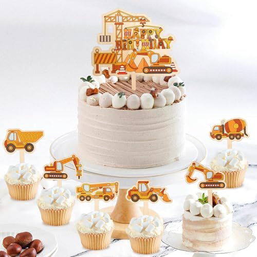Tortendeko Baustelle, Holz Bagger Tortendeko Bunte Kuchen Deko Geburtstag, Baufahrzeug Cake Topper Junge, Bagger Deko Torte Kindergeburtstag 1 2 3 4 5 Jahre