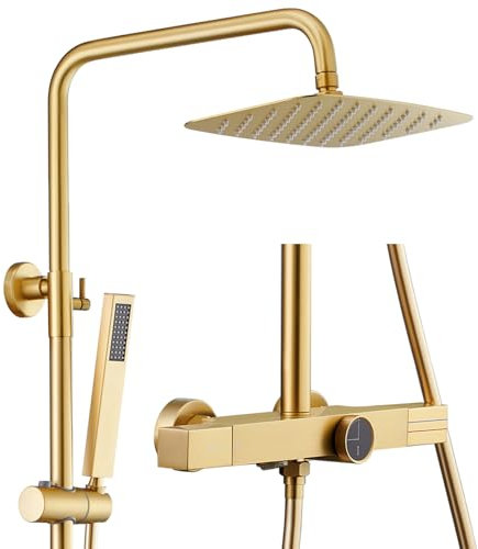 WRKMH Colonne de Douche avec Mitigeur, Or Zirconium Brossé Colonne Douche Thermostatique Ensemble de Douche Mural Débit Réglable Mitigeur Douche avec Acier Inoxydable Pommeau de Douche