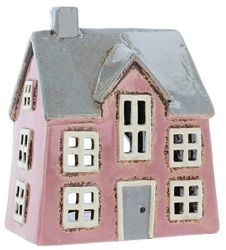 Lichthaus | Teelichthaus | Lichterhaus | Teelichthalter | Kerzenhalter | Keramik (Rosa/Grau 17x15x10 cm)