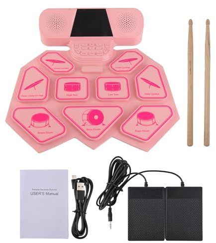 Fafeicy Elektronische Drum Set 10 Demo -Songs Silikon -Übungskissen -Drum -Kit mit Drumsticks und Fußpedalen für Anfänger (PINK)