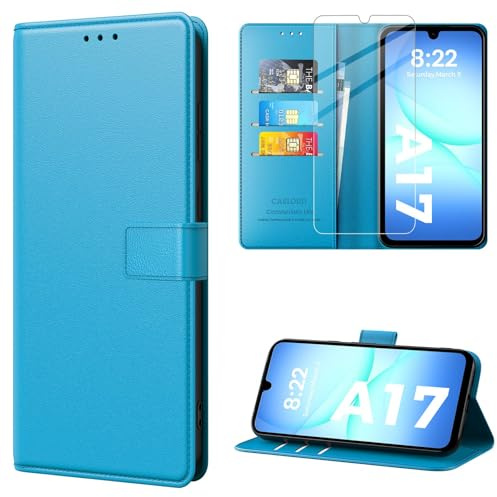 caslord Premium PU Leder Handyhülle für Samsung Galaxy A17 | RFID-Blockierung Klapphülle | Mit 1 Stück Panzer Schutz Glas | Blau