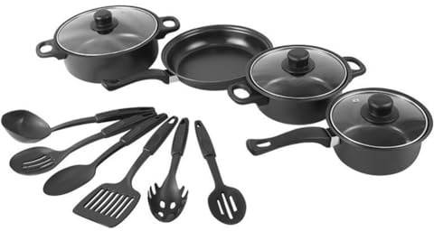 Non-Stick Pots and Pans Set 12pcs Cooking Pot Set with Lid for All Hob (Black)