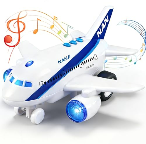 Airplane Toys for Toddlers, Electric Planes Toys with LED Lights & Sounds | 360° Rotating Toy Aeroplane for 3 4-7 8 kids Boys, Bump and Go Aircraft for Birthday Gifts Cake Toppers Airforce Party Favors