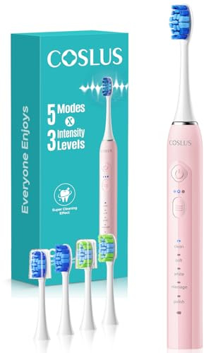 COSLUS C30 professionelle elektrische Zahnbürste: Schallzahnbürste, 5 Modi & 3 Stufen, IPX7 wasserdicht, 30 Tage Akku, für Zuhause & Reise, mit 2 Bürstenkopf-Typen (U+W)