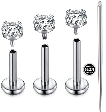 AVYRING Titan Labret Piercing, 16G/18G Internes Gewinde Medusa Piercing für Lippe, Tragus, Helix, Conch, Nasenpiercing, Silber, 6mm/8mm/10mm, 4 Stück